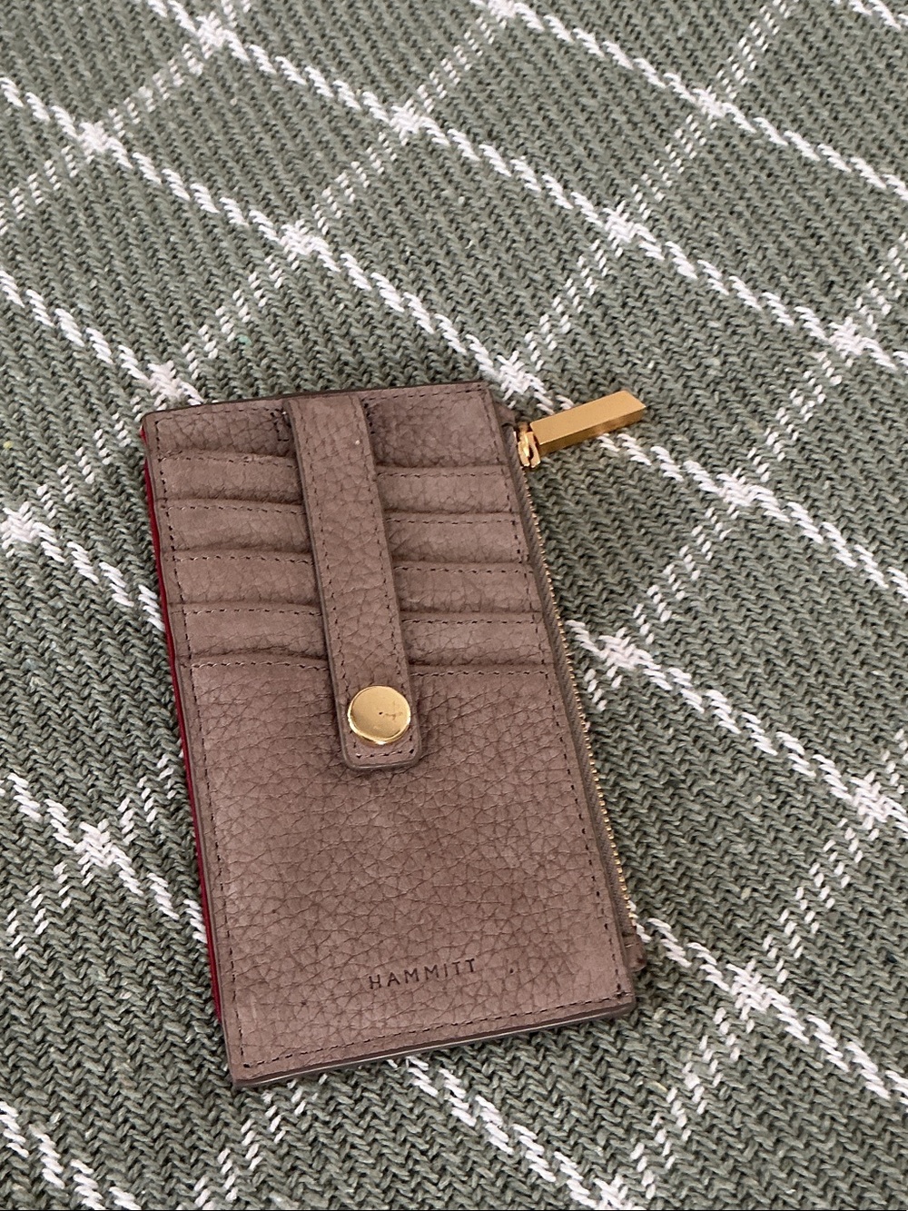 Hammitt Taupe Pebbled Leather Card Holder with Gold Zip Pull